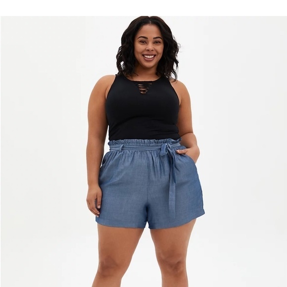 Torrid Paperbag Waist Mid Short Chambray Blue size 00 - Picture 1 of 7